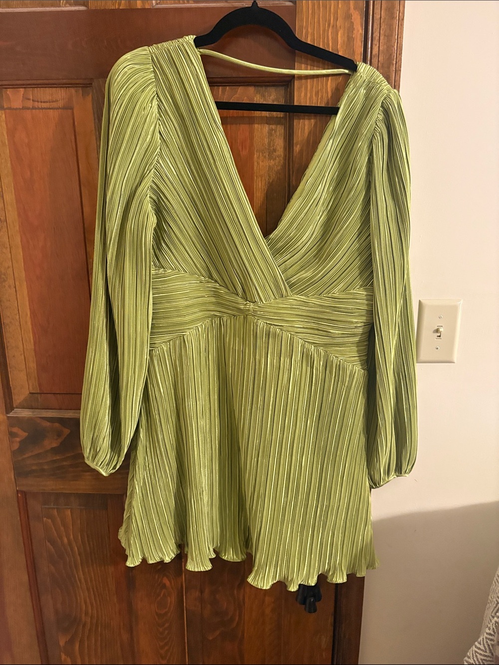 Badgley mischka Pleated V-Neck Mini Dress in Light Green